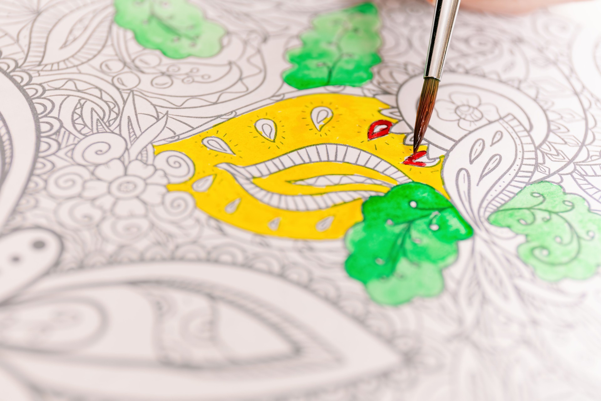 Adult coloring anti stress page or coloring book, self care and mental health, leisure option and hobby.